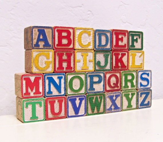 vintage wooden blocks complete alphabet with cloth storage
