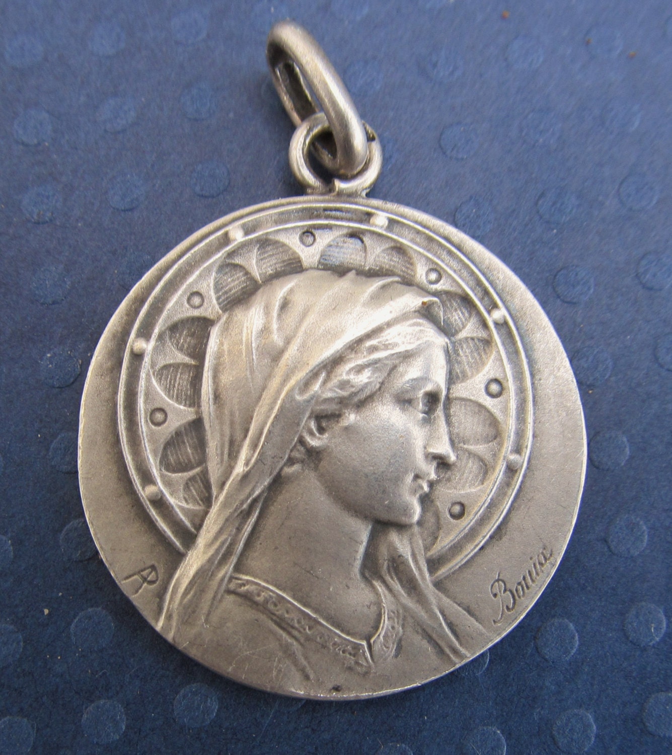 Antique French Sterling Silver Virgin Mary Religious Medal Art