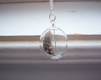 Feather Necklace - Glass Orb Necklace - Bridesmaids Gifts - Make A Wish Necklace - Free Gift With Purchase