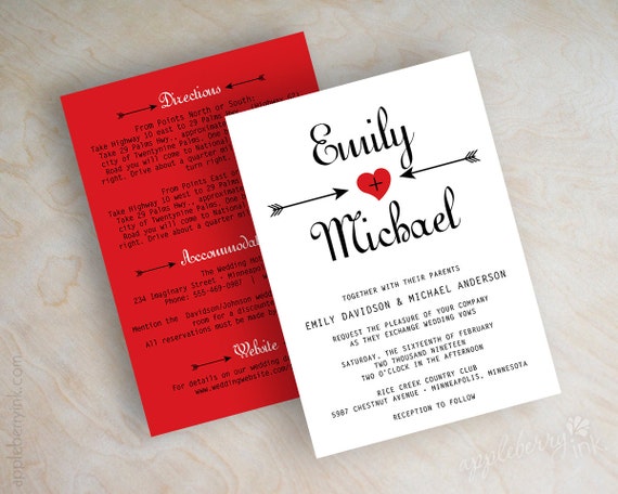 Valentine wedding invitations, arrows, heart wedding invitations, red wedding invites, wedding invitation, red, black, FREE shipping, Cupid