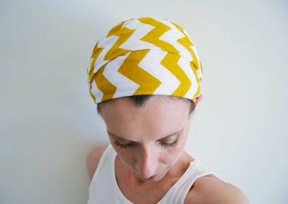 Mustard and White Chevron Head Scarf - Hair Wrap - Headband by MegansMenagerie