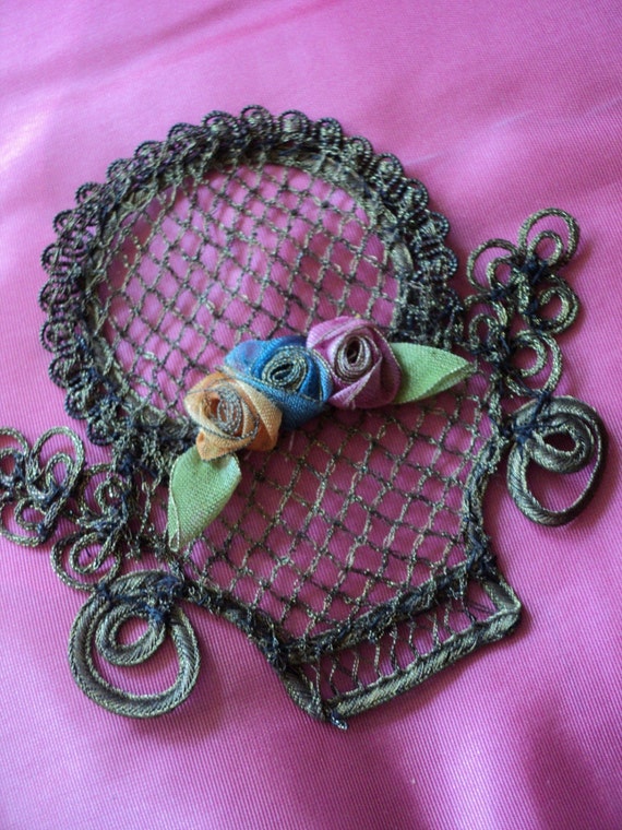 Metallic Basket Applique with Silk Ribbonwork Bouquet 1920s