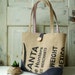 Upcycled LeAH tote. Everyday bag. Book bag. Burlap coffee sack. Red and white striped cotton liner. Navy blue.