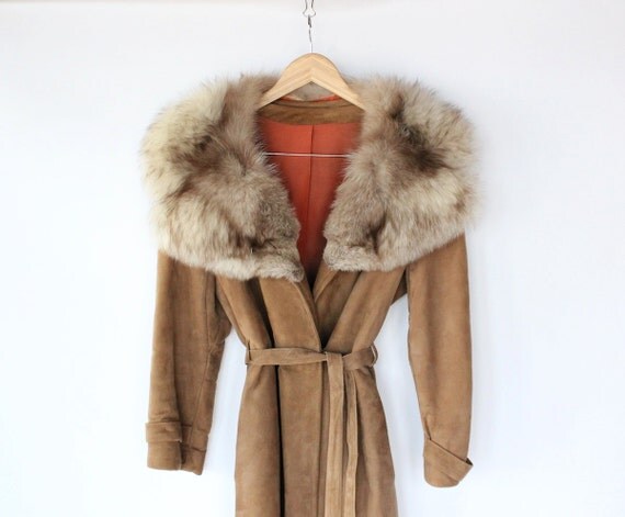 Vintage 60s Suede Trench with Large Fox Fur Collar // Brown