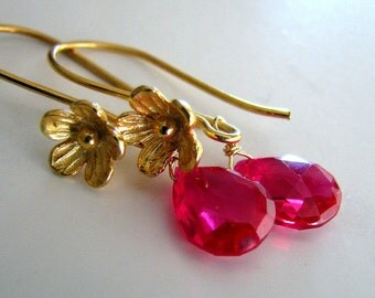 Red Topaz Earrings, Red Earrings, Gold Earrings, Red Topaz Gemstone, Gold Flower Blossom - Dorothy's Dream