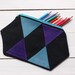 Zipper pouch linen and leather with triangle geometric pattern