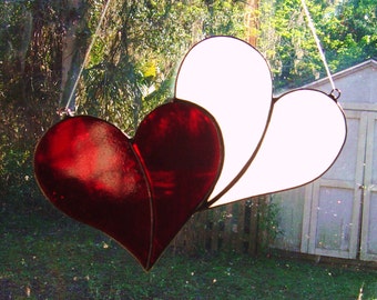 Custom Reversible Red and White Double Stained Glass Heart Suncatcher