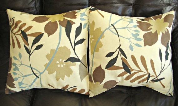 Decorative Pillows brown blue cream flower leaf print by VeeDubz