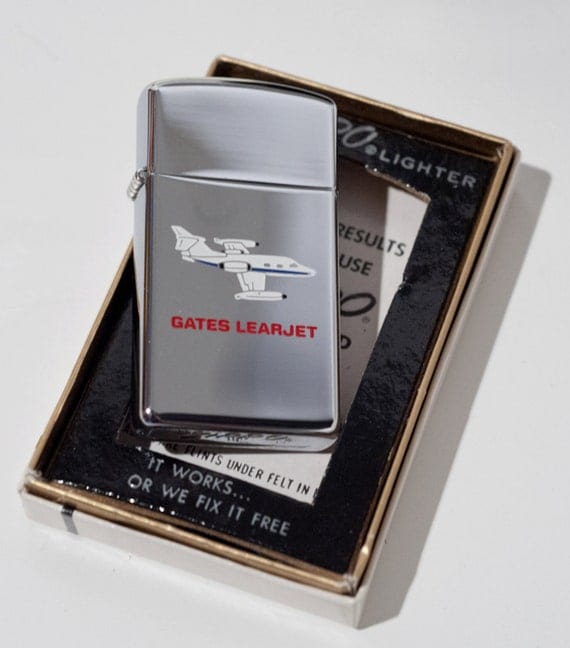 1970 Zippo Lighter Mint in box Slim Line Gates Lear Jet