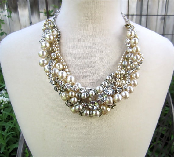 Chunky Pearl And Rhinestone Necklace Huge Bridal Statement 5101