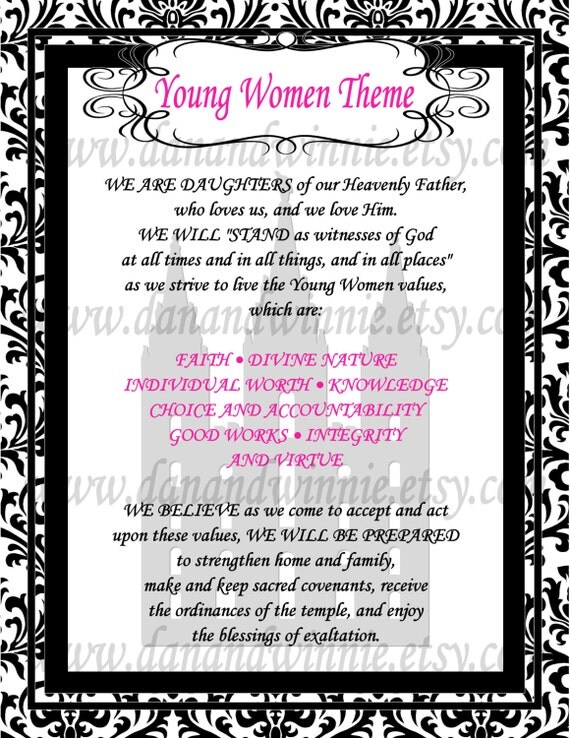 LDS Young Women Theme Printable 4 different colors 8.5x11 inch
