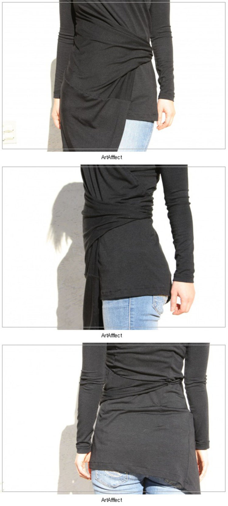 Draped Wrap Shirt Black Long Sleeve Top Jersey Shirt by artaffect
