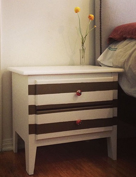 Modern ivory Nightstand Gold Stripe. White Nightstand