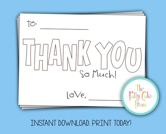 Kids Coloring Thank You Cards Instant Download DIY Print your