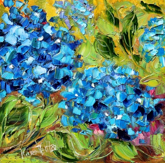 Original oil painting Blue Hydrangeas flowers on canvas by