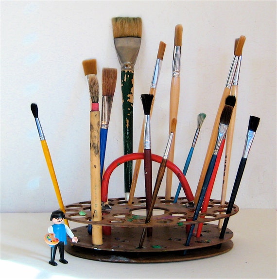 Vintage Paint Caddy Wooden Palette Brush Holder by elansolete