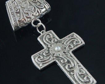 Scarf Pendant - Antique Silver Cross with Rhinestone Scarf Jewelry