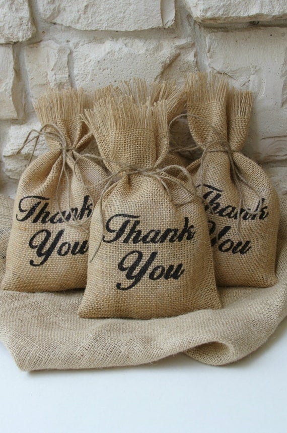 Burlap Gift Bags Set of FOUR Thank You Black and by FourRDesigns