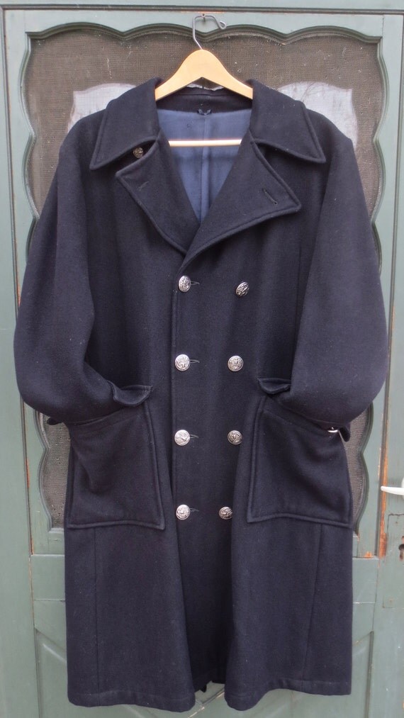 Vintage Blue Wool Knee Length Pea Coat Officer's Wool