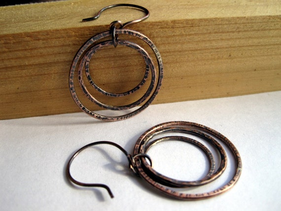 Items Similar To Hammered Copper Hoops Boho Style Cluster Earrings