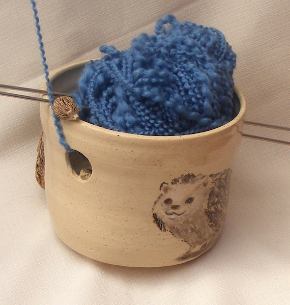 Stoneware Yarn Bowl, Hand Painted and Sculpted  Hedgehogs