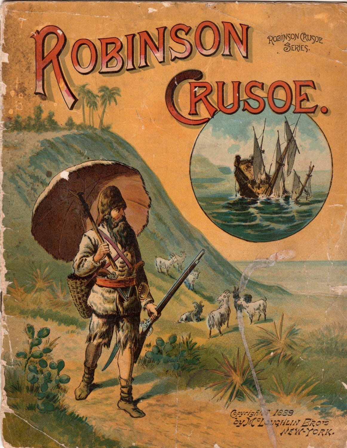 1889 Children's Book Robinson Crusoe with Color Art