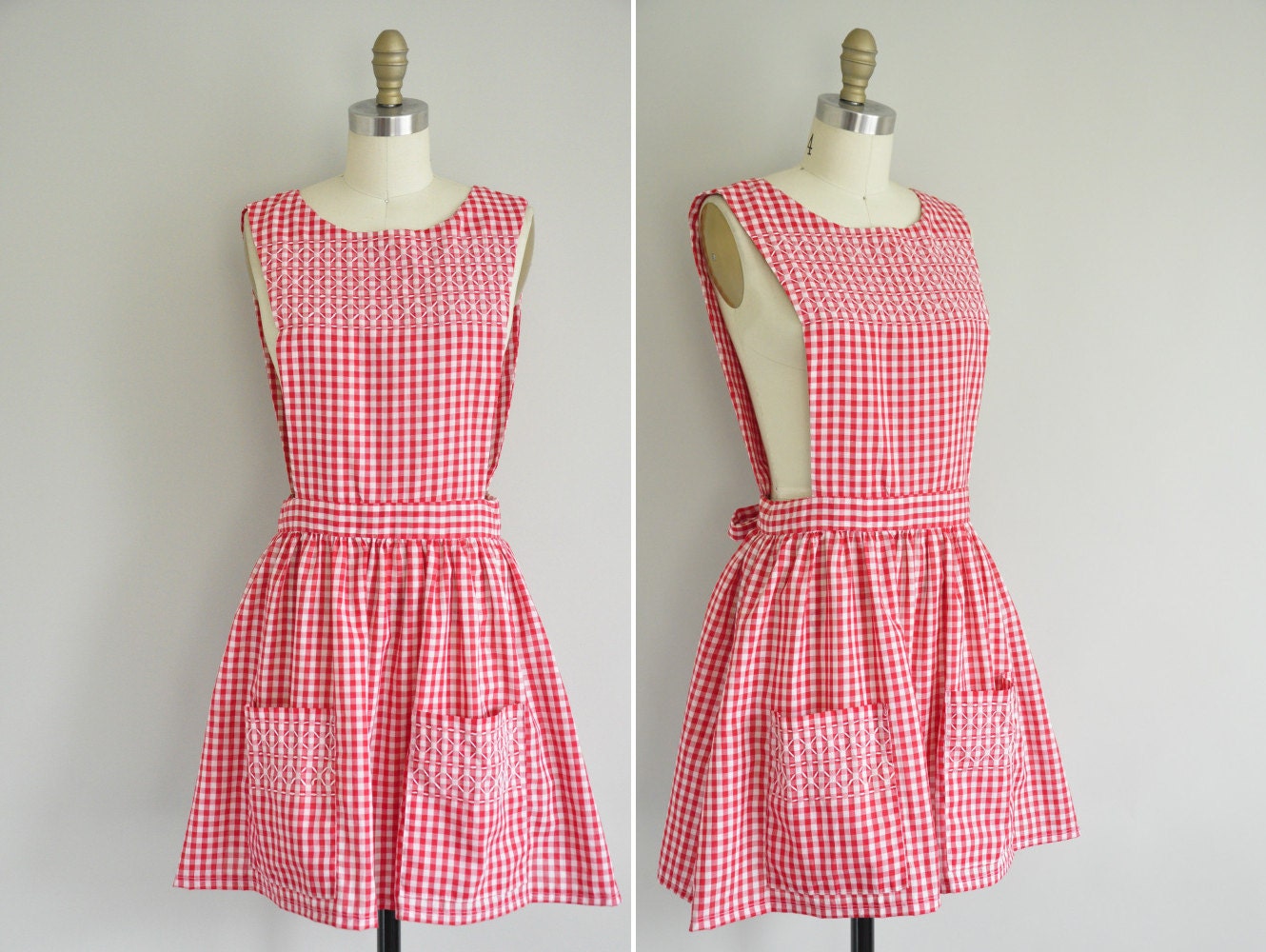 vintage 1950s apron dress / 50s red gingham apron dress / 50s