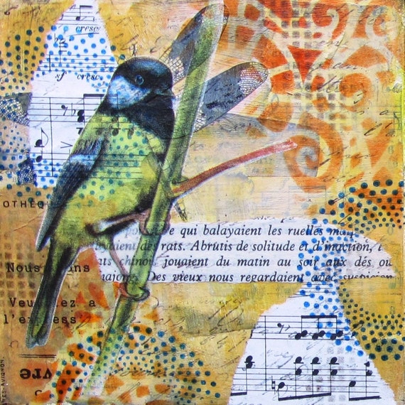 Blue tit - an original mixed media collage on mdf - 4" x 4"