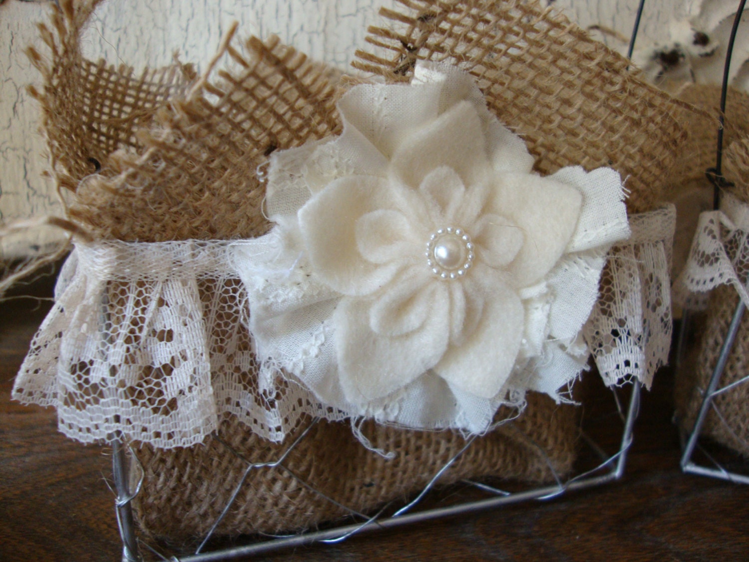Chicken wire baskets Burlap lace and fabric by PaperAndMache