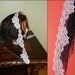SALE Black Light Pink sheer mesh lase mantilla scarf triangle D shape veil - scalloped edge - very unique - net