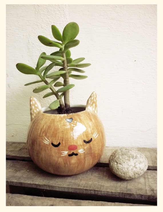 Brown cat  pot  by mirubrugmann on Etsy