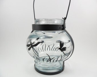 Lantern Black Dragonfly Candle Votive Holder Hand Painted