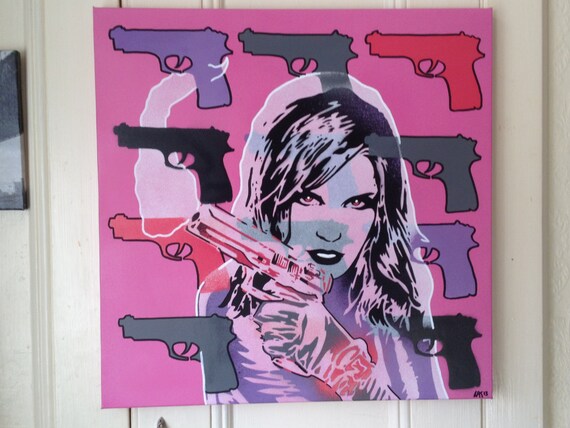 Pop art painting of woman with gun20 by 20 inch