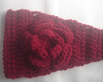 BURGUNDY Crochet Headwarmer Headband Head wrap with a CHUNKY FLOWER and Free Shipping