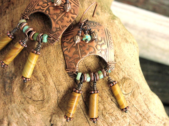 Ladies Roman Sheild Copper Earrings Turquoise Blonde African Wood Beads