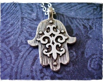 Large Silver Hamsa Hand Necklace - Antique Pewter Hamsa Hand Charm on a Delicate Silver Plated Cable Chain or Charm Only