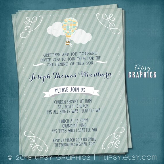 Hot Air Balloon. Sweet Baptism Christening Dedication Invitation or Announcement by Tipsy Graphics. Il_570xn