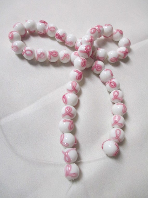 BREAST CANCER AWARENESS Beads Pink Ribbon 215 White Round