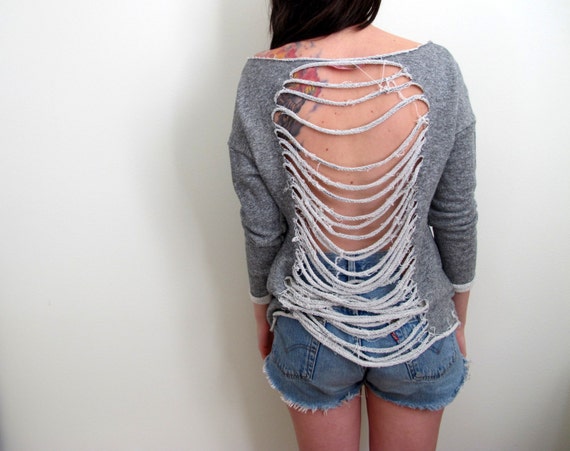 Shredded Sweater Womens See Through Back Grey Gray Distressed