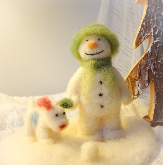 The Snowman and his Snowdog - Wool Needle Felt Miniature by Madame Craig