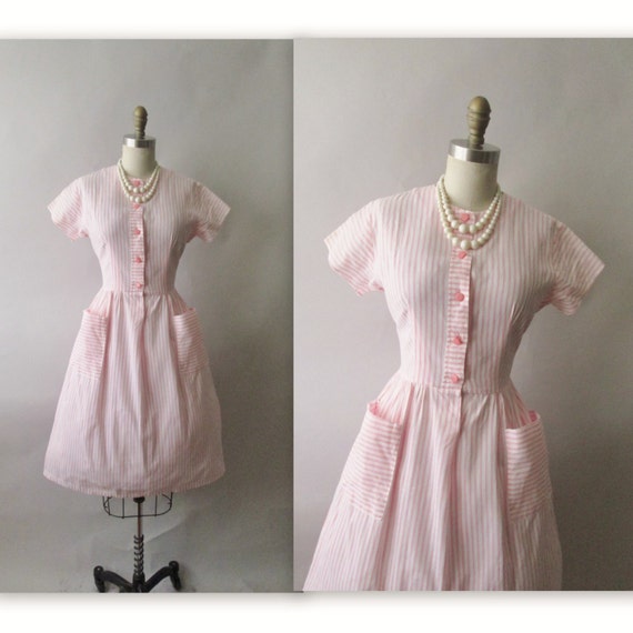 50's Shirtwaist Dress // Vintage 1950's Striped Pink
