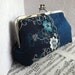 Teal silk evening bag with floral lace. Silk clutch purse