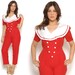 RESERVED 80s Jumpsuit Red White Nautical Retro Playsuit Sailor Peter Pan Collar 1980s Hipster Peg Leg Pants / Size M L Medium Large
