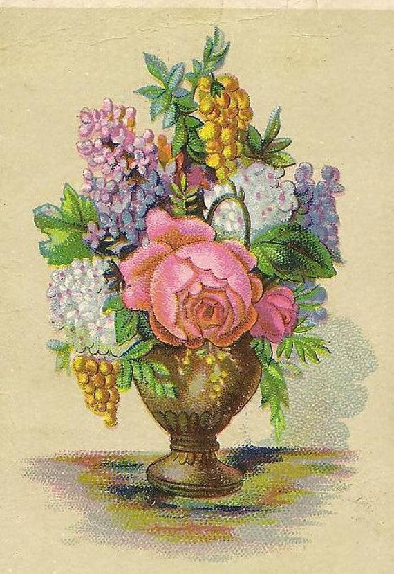 Victorian Swedish Scripture Card Psalm of David 103 Verse 22 Bountiful Vase of Flowers