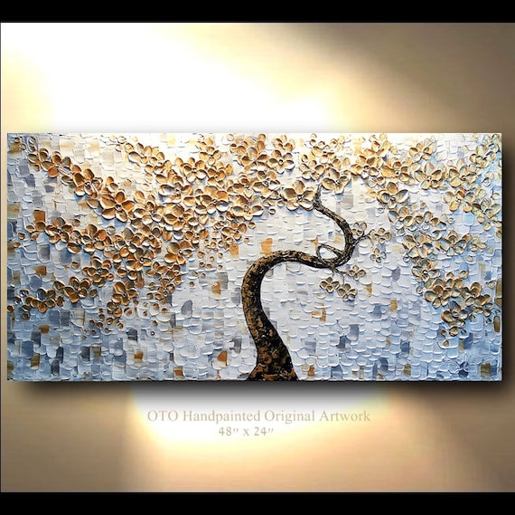 COMMISSION Original 24x48 White Gold Silver Flower Abstract Painting ...