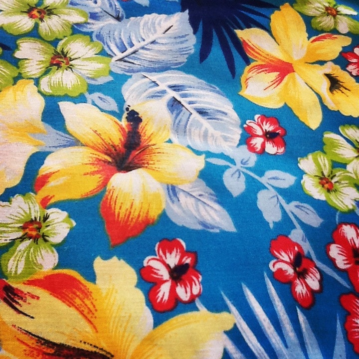 Hawaiian Fabric Blue Floral with Hibiscus One Yard by GreenWash