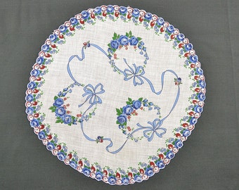 VINTAGE HANKIE, Dozens of Tiny Blue Roses on White, Blue Ribbon Garland Round, Scalloped Edge, Corded, Pocket Hankie, Excellent Condition