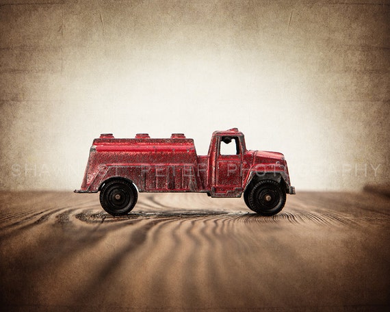 Vintage Toy Fire Watering Truck on Barn wood Photo Print, Rustic Decor, Boys Nursery, Red themed, Fireman room