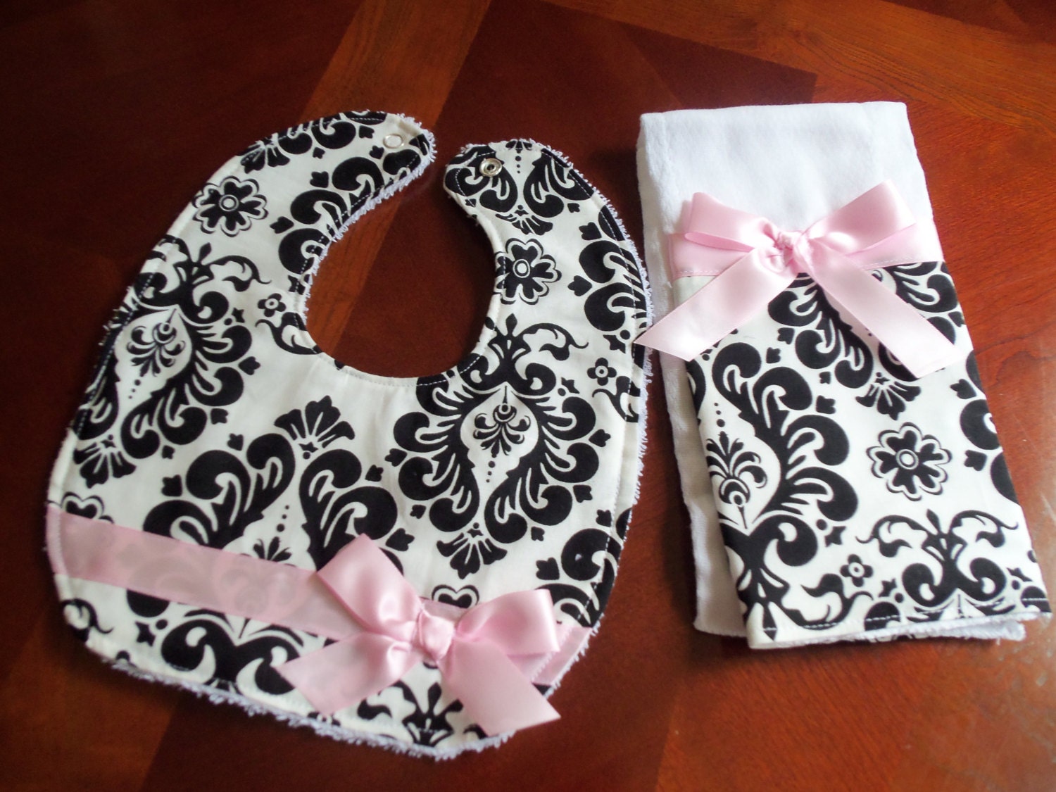 Burp Cloth & Bib Set Damask and Pink Burp Cloth Bib Set