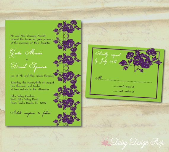 Wedding Invitation - Modern Flowers in Customizable Colors - Invitation and RSVP Card with Envelopes